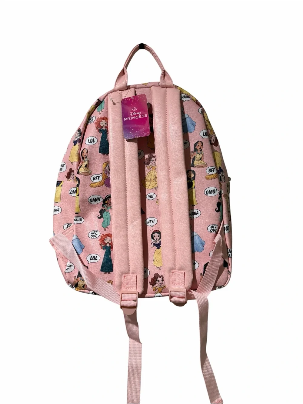 NWT Disney Princess Pink Backpack Comic Print Faux Leather Bookbag